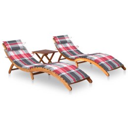  Leżaki z poduszkami i stolikiem, 2 szt., lite drewno akacjowe